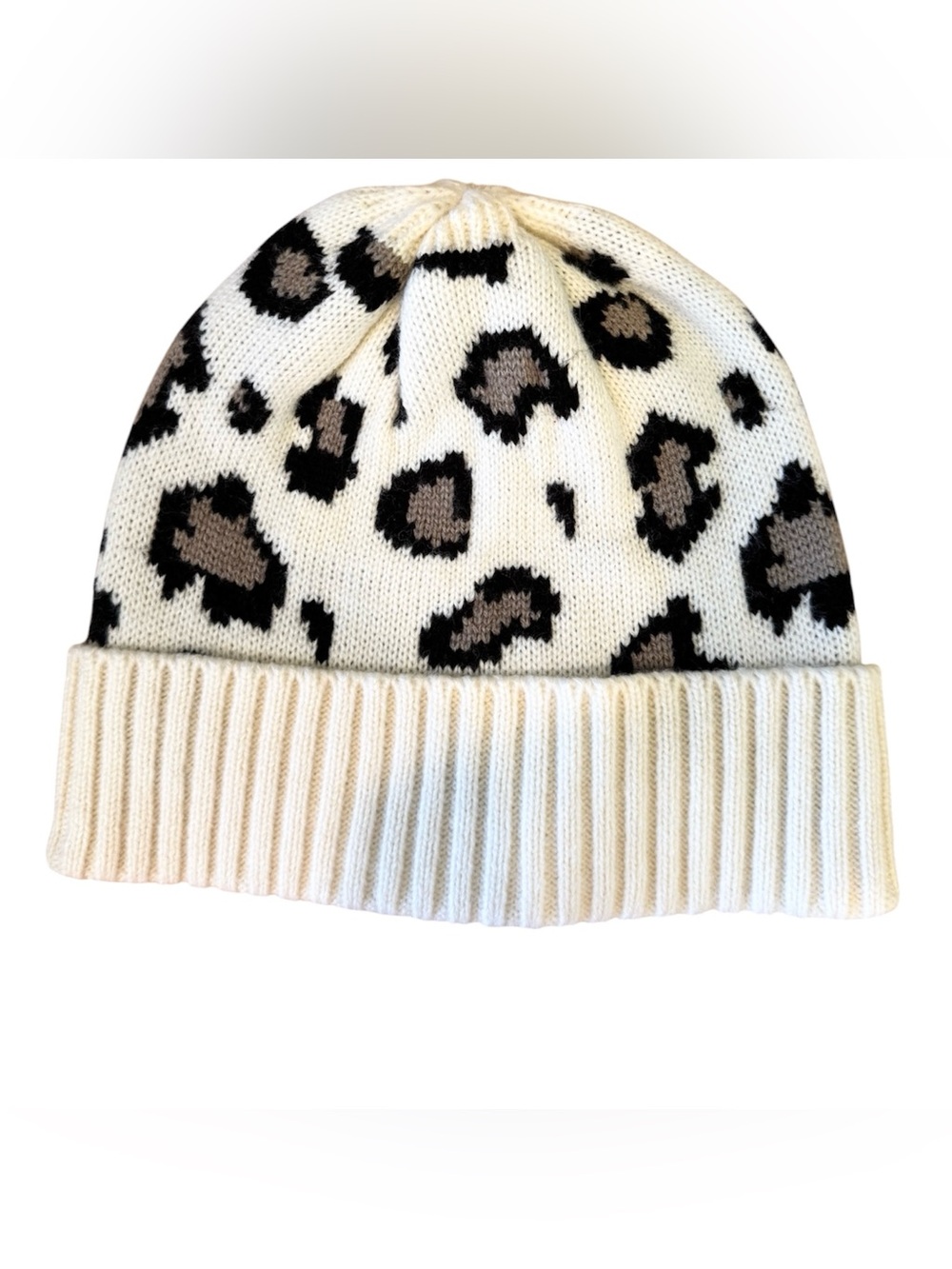 🌈 6/$60 The Loft ivory and brown knit beanie hat with bold leopard/cheetah print